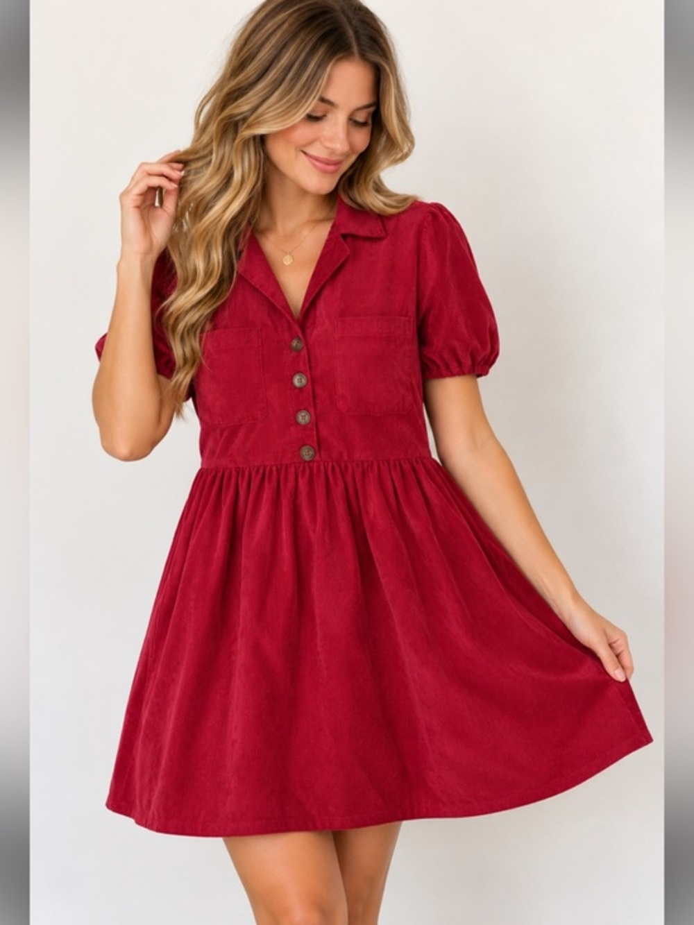 Trixxi Francesca’s Burgundy Corduroy Button Front Babydoll Dress Size M